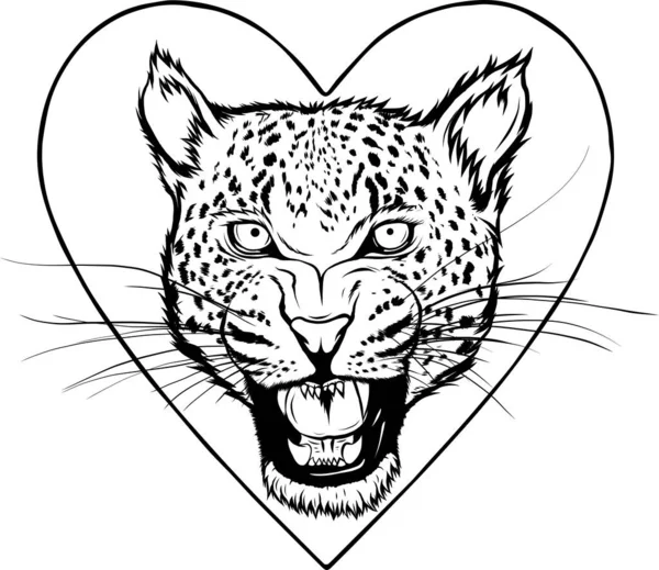 Schwarz Weißer Leopardenkopf Auf Herz Vektorillustration — Stockvektor