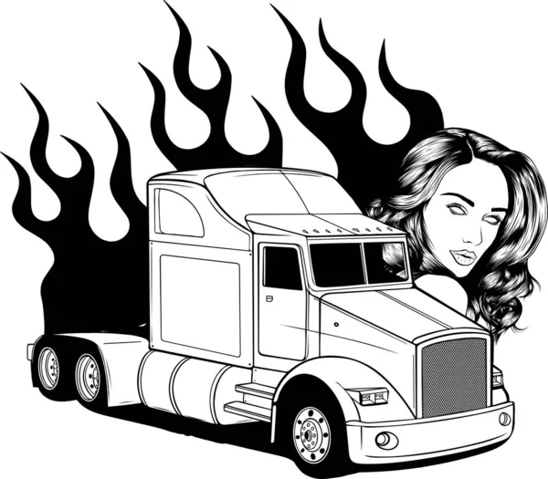 Monocromático Semi Caminhão Com Cabeça Mulher Anf Chamas Vetor Ilustração — Vetor de Stock