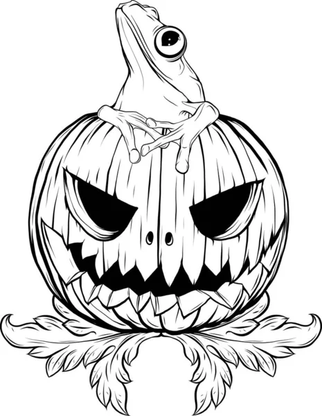 Illustrazione Vettoriale Della Zucca Monocromatica Halloween Con Rana — Vettoriale Stock