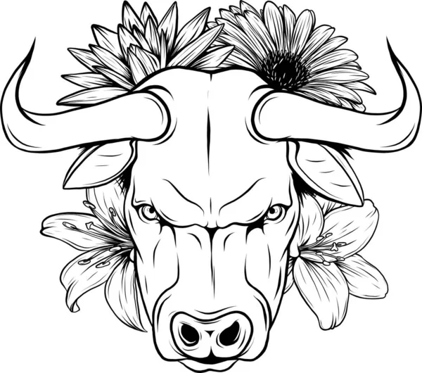Ilustrace Jednobarevného Býka Květinou — Stockový vektor