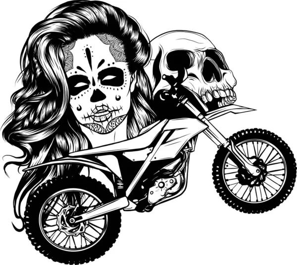 化妆妇女与颅骨摩托车单色图解 — 图库矢量图片