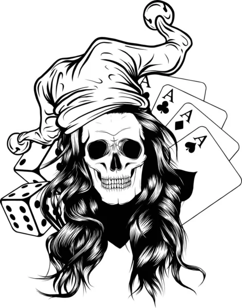 头戴小丑帽 头戴扑克牌和骰子的骷髅 — 图库矢量图片