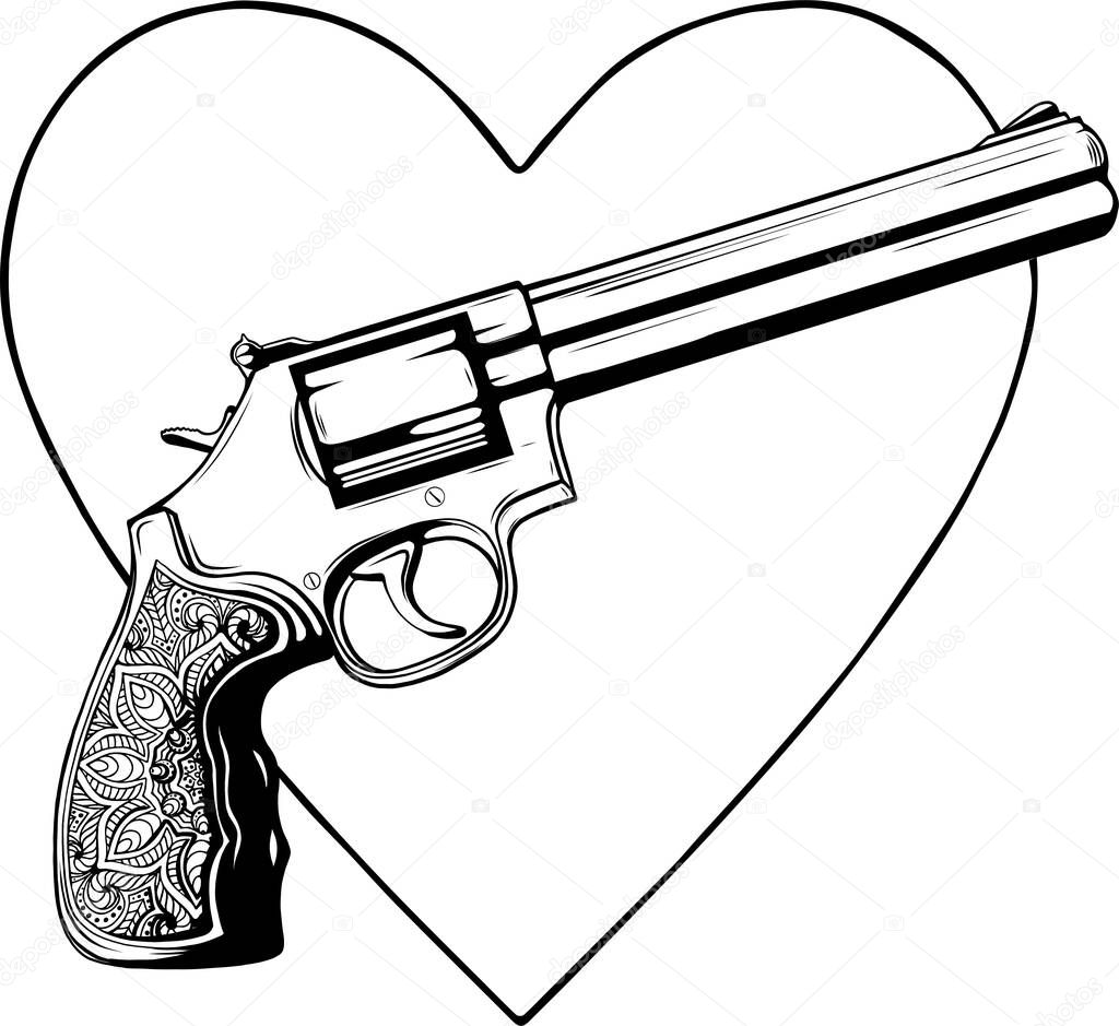 Vector vintage revolver tattoo illustration. A gun monochrome clipart illustration isolated on white background. Tshirt, logo, tattoo template.