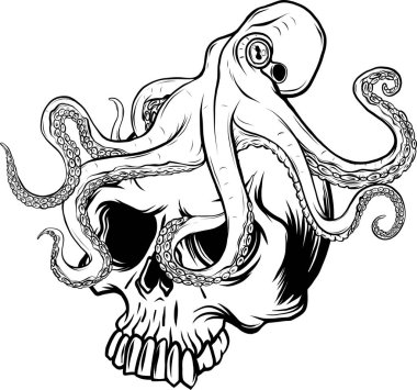 Huma kafatasında tek renkli ahtapot. Beyaz arkaplanda illüstrasyon