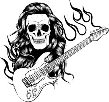 modaya uygun saç stiline sahip kafatası ve klasik monokrom stili izole vektör illüstrasyonunda elektro gitarları çaprazlama