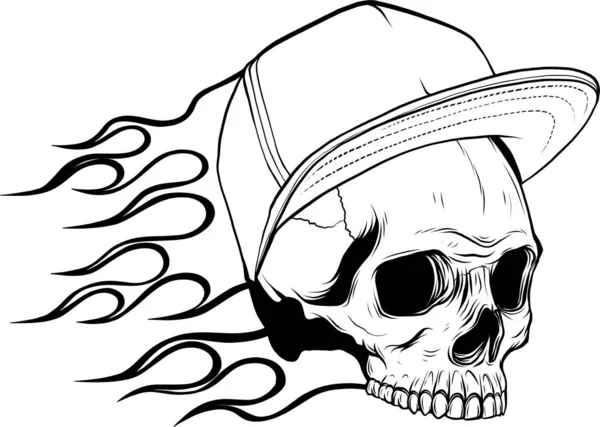 白い背景にキャップと炎のある頭蓋骨 — ストックベクタ