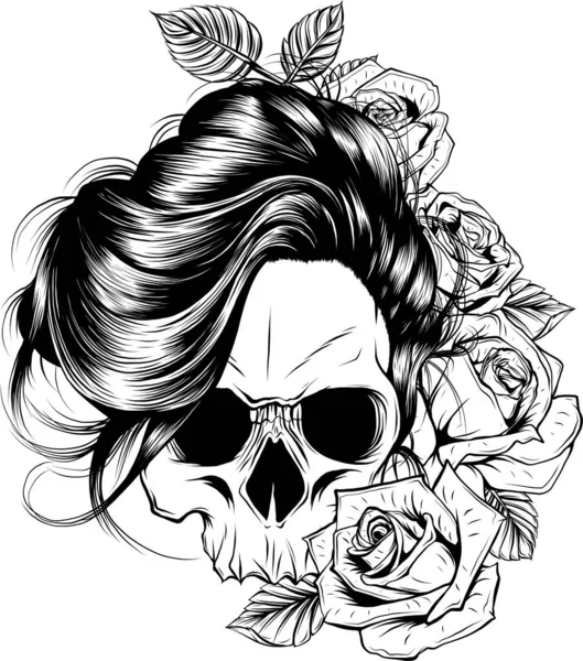 Monochrome Vintage Woman Skull Rose Illustration White Background — Stock Vector