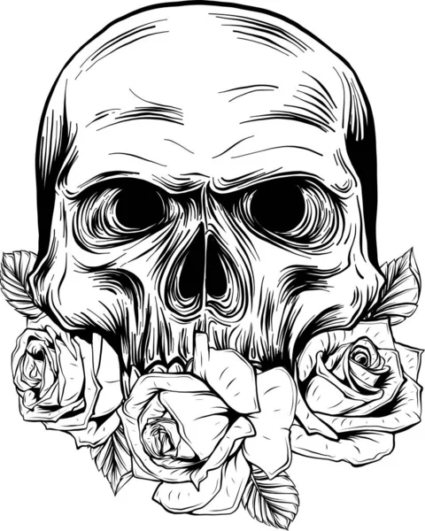 Vintage Concept Tatouage Crâne Humain Avec Des Fleurs Roses Illustration — Image vectorielle