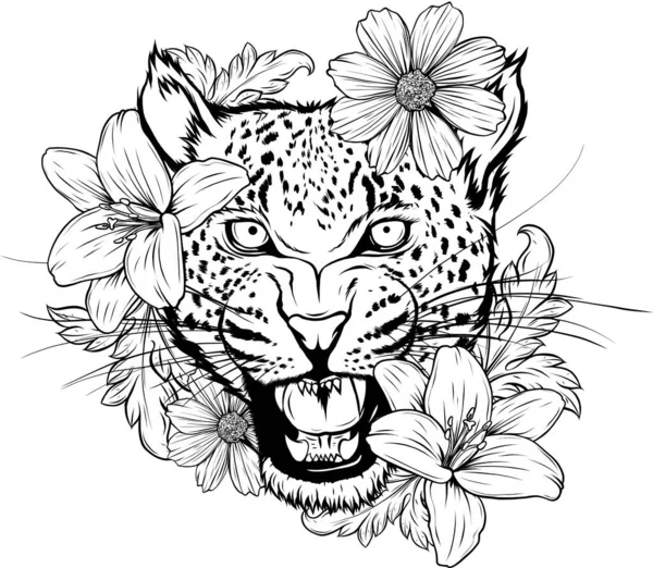 Ilustração Cabeça Leopardo Monocromático Com Flor — Vetor de Stock