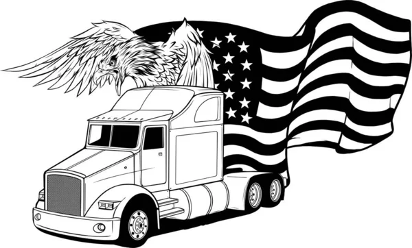 Ilustração Monocromático Semi Caminhão Com Águia Bandeira Americana Fundo Branco — Vetor de Stock
