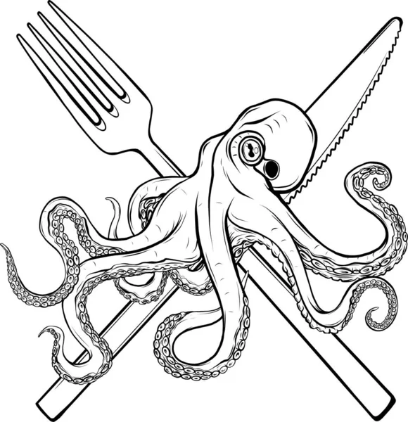Illustration Eines Monochromen Kraken Mit Besteck Auf Weißem Hintergrund — Stockvektor