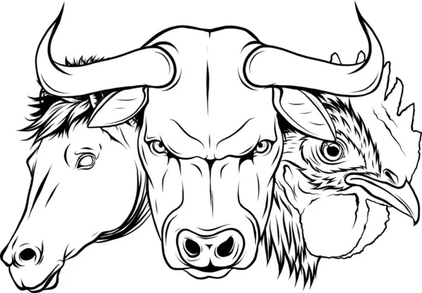Farm Animals Silhouettes Set Horse Bull Cow Chicken Vector Illustration — Stock Vector