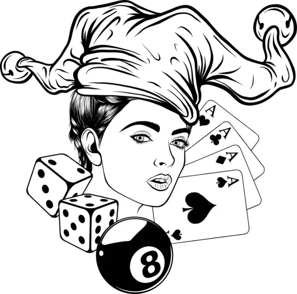女人小丑与卡 八个球和骰子 白色背景上的矢量说明 — 图库矢量图片