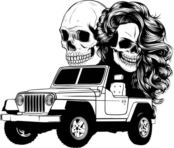 Illustratie Van Monochrome Jeep Auto Met Twee Schedels — Stockvector