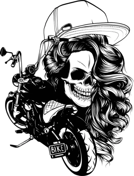 Illustration Monochromatique Crâne Femme Moto Avec — Image vectorielle