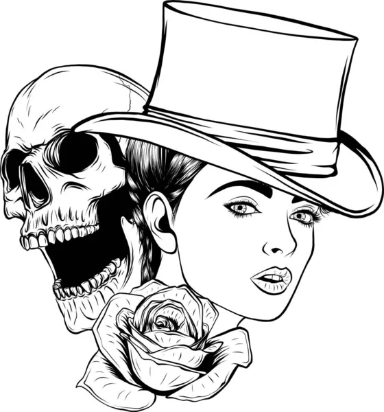 Απεικόνιση Του Monochrome Κεφάλι Γυναίκα Κρανίο Και Τριαντάφυλλο — Διανυσματικό Αρχείο