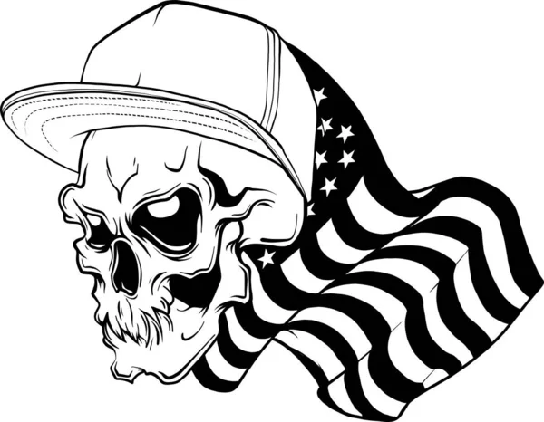 Απεικόνιση Της Σιλουέτας Θυμωμένο Κρανίο Καπέλο Στη Σημαία Ηπα — Διανυσματικό Αρχείο