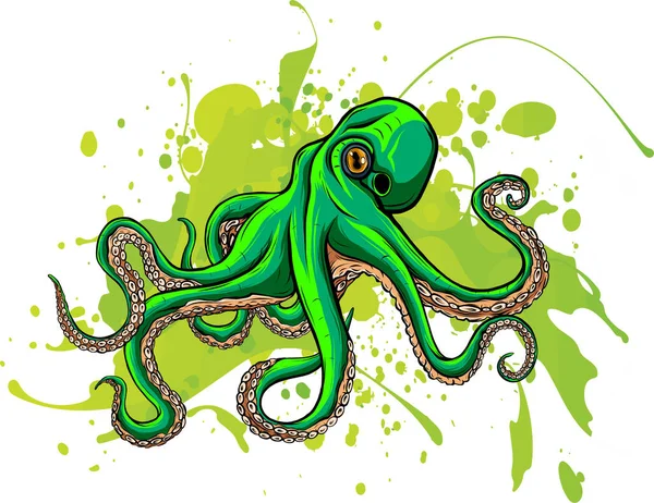 Vector Groen Octopus Icoon Onder Zee Illustratie Met Schattige Grappige — Stockvector