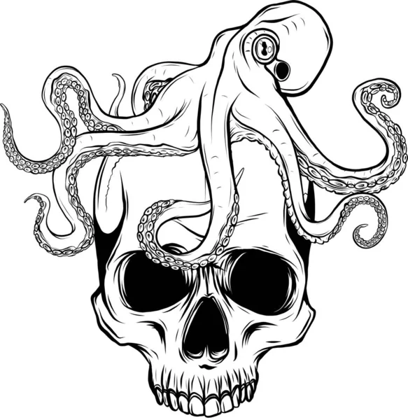 stock vector monochrome octopus on huma skull. illustration on white bacground