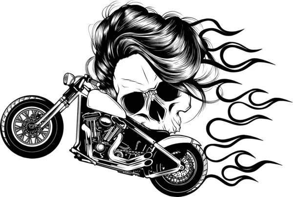 Wektor Ilustracja Motocykl Czaszką Kobiety Płomienie Białym Tle — Wektor stockowy