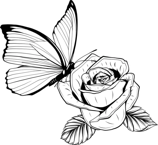 Virágok Pillangók Vázlatos Tetoválás Vektorillusztráció — Stock Vector