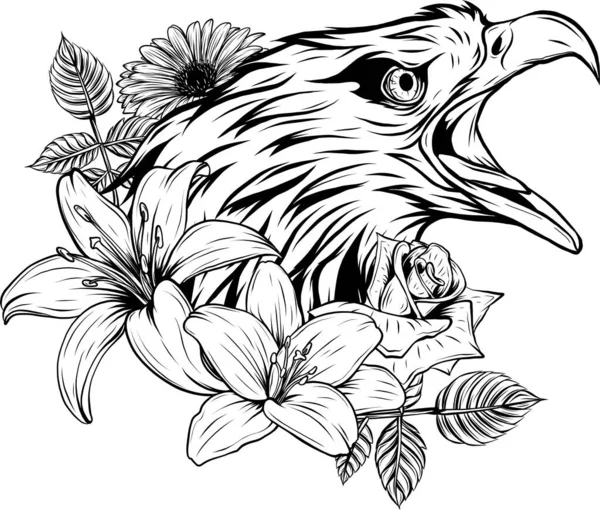 Illustration Tête Aigle Monochrome Avec Fleur — Image vectorielle