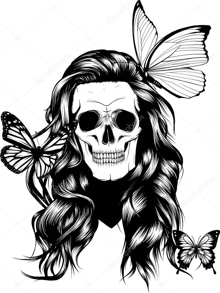 Skull with butterfly monochrome illustration isolated on white background.