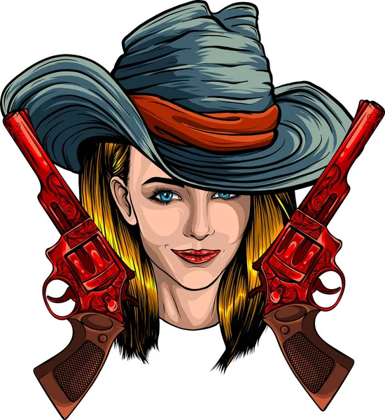 Cowboy Flicka Ansikte Med Hatt — Stock vektor
