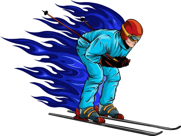 Illustratie Van Skiën Man Gekleurde Trekken — Stockvector
