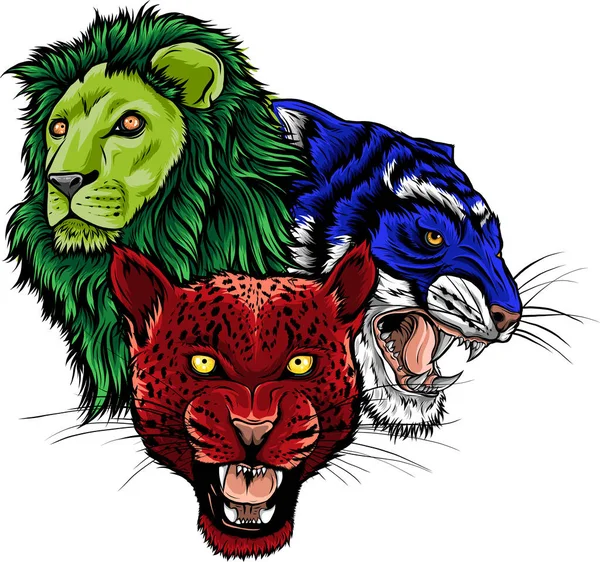 Wild Animals Heads Set Aslan Kaplan Jaguar — Stok Vektör