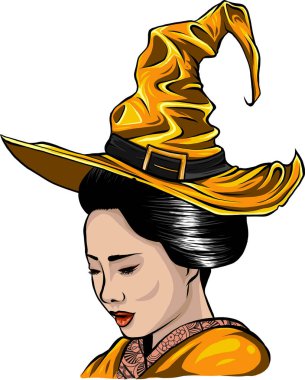 Cadılar Bayramı şapkalı güzel geyşa cadı