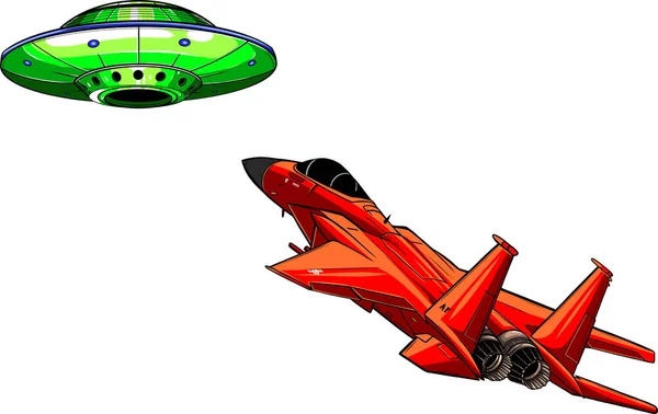 Illustration Platt Stil Ufo Kamp Mot Jet — Stock vektor
