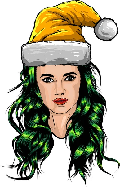 一个戴着圣诞圣诞圣诞礼帽的漂亮的金发女人的画像 — 图库矢量图片