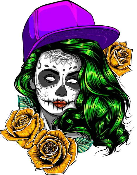Scull Roses Jour Des Morts Crâne Coloré Avec Ornement Halloween — Image vectorielle