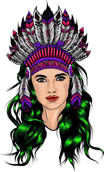 Vacker Flicka Huvudbonad Nordamerikanska Indianer Contour Illustration För Tatueringar Och — Stock vektor