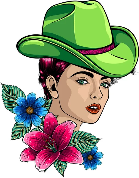 Jolie Fille Campagne Cowgirl Avec Fleur — Image vectorielle