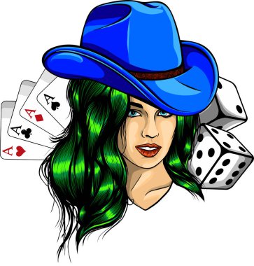 Beauty woman holding cards. Casino vector flat cartoon