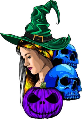 Halloween with witch skull and pumpkin