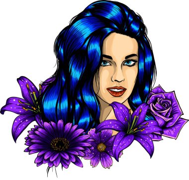 Çiçekli güzel bir kadının vektör portresi