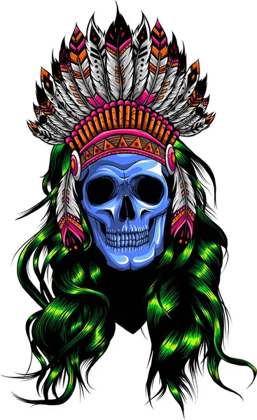 Cartoon Scary Silver Skull Head Using Indian Hat Mascot Inspiration — ストックベクタ