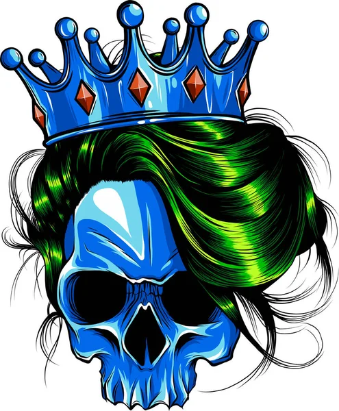 Queen Death Portrait Skull Crown Long Hair Vector Illustration — Wektor stockowy