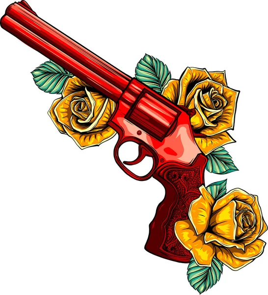 Όπλο Και Τριαντάφυλλο Έγχρωμη Απεικόνιση Για Τατουάζ Και Σχεδιασμό Shirts — Διανυσματικό Αρχείο
