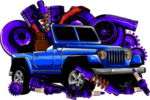 Vintage Jeep Car Service Store Spare Parts Retro Car — Vetor de Stock