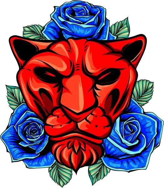 Lion Avec Des Roses Des Feuilles Illustration Tête Lion Africain — Image vectorielle