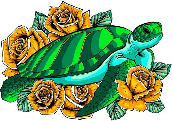 Ilustração Tartaruga Marinha Com Rosas — Vetor de Stock
