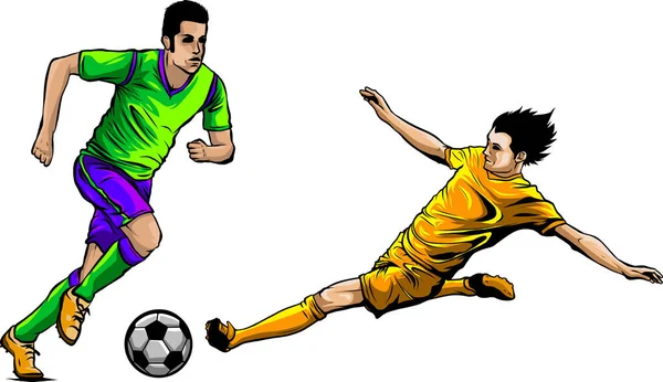 Jucătorii Stadionului Fotbal Meciul Fotbal Sportivii Care Luptă Lovirea Mingii — Vector de stoc