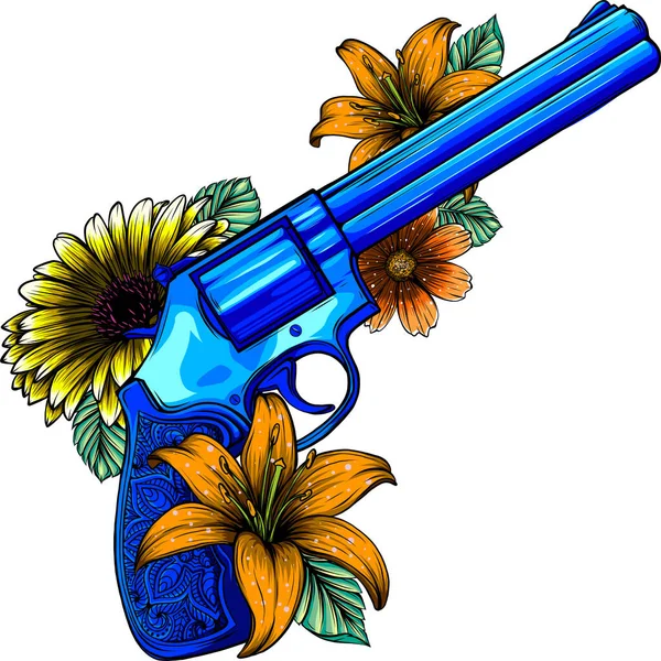 Revolver Und Blumen Vektor Illustration Design — Stockvektor