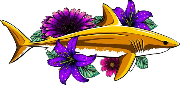 Contorno Tubarão Com Flores Folhas —  Vetores de Stock