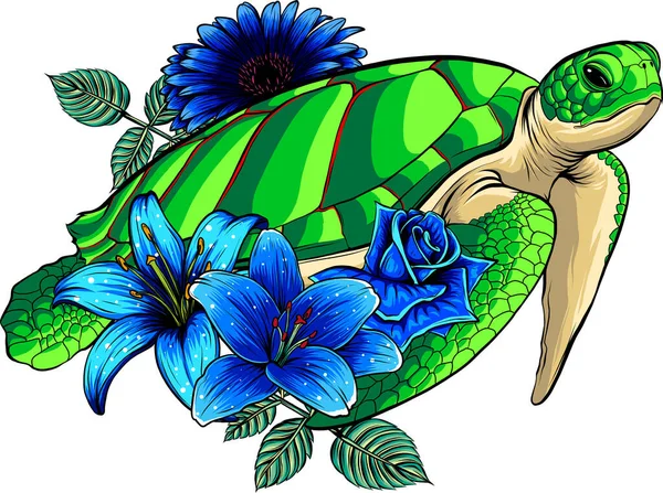 Meeresschildkröte Mit Blumenvektor Illustration Design — Stockvektor