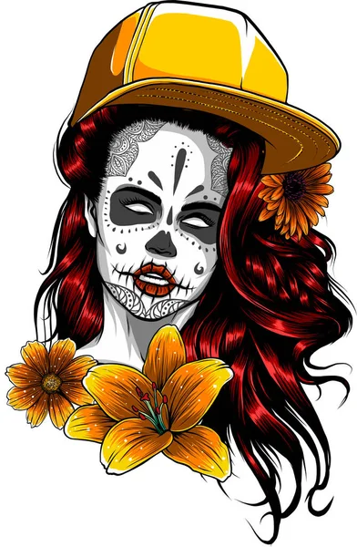 Cráneo Azúcar Femenino Con Flores Coloridas Sombrero Ilustración Vectorial Sobre — Archivo Imágenes Vectoriales